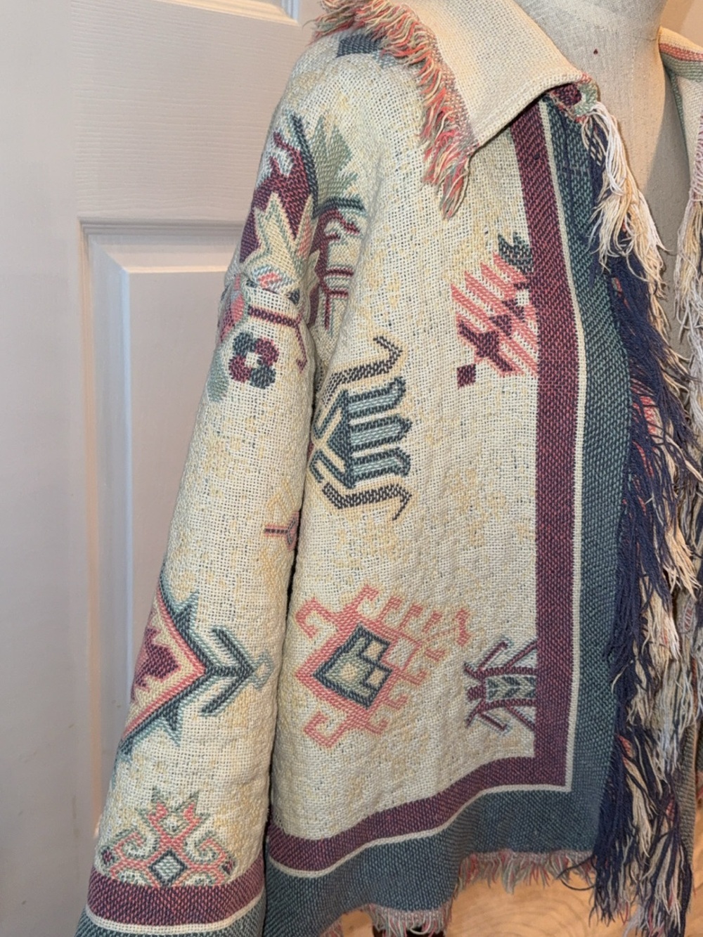 Fringed Southwestern Patterned Cardigan Jacket - Cream, Green, Burgundy - Picture 3 of 4